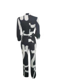Formal White and Black Long Sleeve Loose Jumpsuit with Belt