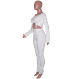 Sexy Long Sleeve Strings Crop Top and Ruched Pants Set