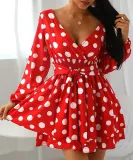 Party Long Sleeve Polka V-Neck Skater Dress