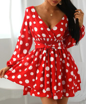 Party Long Sleeve Polka V-Neck Skater Dress