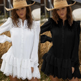 Casual Long Sleeve Hollow Out Ruffle Blouse Dress