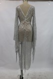 Formal Sequins Deep-V Long Sleeve Slit Evening Dress