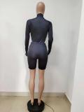 Sports Long Sleeve Print Black Bodysuit Top and Shorts Matching Set