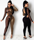Party Sexy Lace Up Mesh Patch Bodycon Jumpsuit