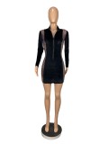 Party Black Long Sleeve Mesh Patch Bodycon Dress