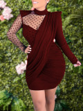 Autumn Party Black Patchwork Wine Red Dot Bodycon Dress