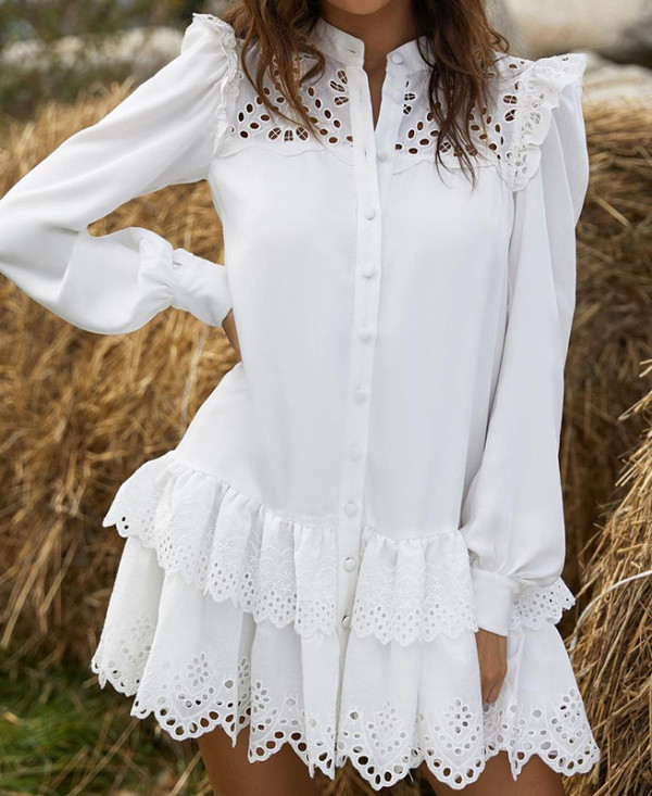 Casual Long Sleeve Hollow Out Ruffle Blouse Dress