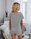 Summer Solid Plain Short Sleeve Shirt and Shorts Lounge Set