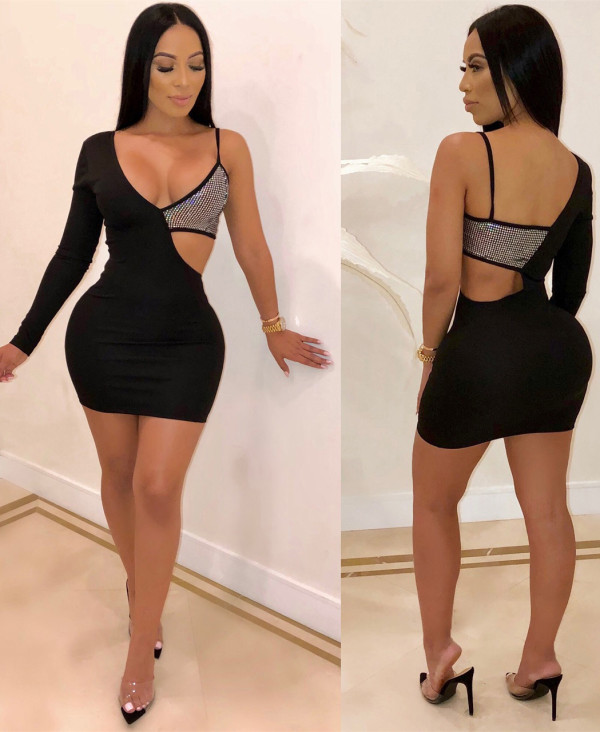 Summer Party Black Sequins Sexy Cut Out Bodycon Dress with Single Sleeve