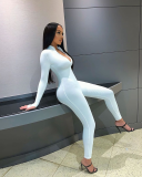 Sports Solid Plain Fitness Long Sleeve Jumpsuit