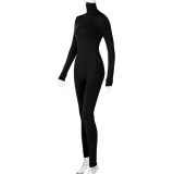 Sexy Solid Plain Long Sleeve Turtleneck Bodycon Jumpsuit