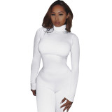 Sexy Solid Plain Long Sleeve Turtleneck Bodycon Jumpsuit
