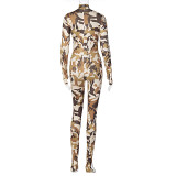Sexy Camou Print Long Sleeve Bodycon Jumpsuit