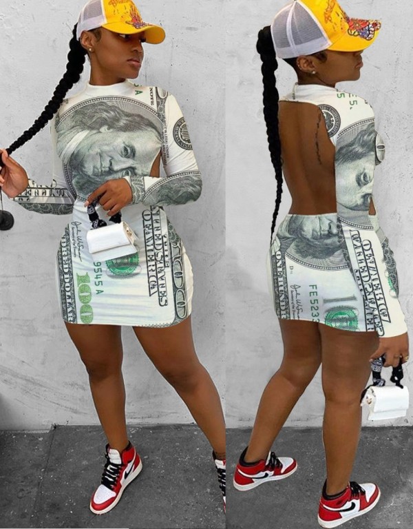 Party Sexy Print Money Long Sleeve Cut Out Back Mini Dress