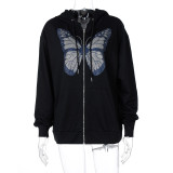 Spring Long Sleeve Butterfly Print Loose Hoody Jacket