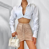 Solid Plain Party Sexy Deep-V Crop Top with Ruched Sleeves