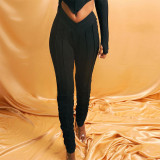 Sexy Two Piece Long Sleeve Cut Out Ribbed Crop Top and Pants Matching Set
