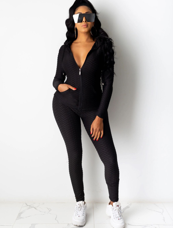 Casual Long Sleeve Hooded Honeycomb Tracksuit