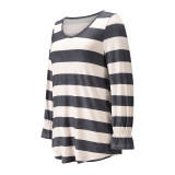 Spring Long Sleeve V-Neck Wide Stripes Loose Shirt