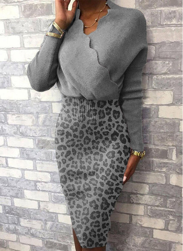 Spring Long Sleeve Leopard Print Wrapped Knitting Pencil Dress