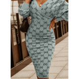 Spring Long Sleeve Print Wrapped Knitting Pencil Dress