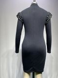 Spring Black Beaded Long Sleeve Turtleneck Mini Dress