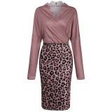 Spring Long Sleeve Leopard Print Wrapped Knitting Pencil Dress