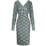 Spring Long Sleeve Print Wrapped Knitting Pencil Dress
