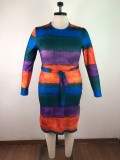 Plus Size Colorful Side Slit Knit Dress with Belt