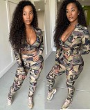 Sexy Camou Print Bodycon Crop Top and Pants Matching Set