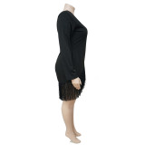 Plus Size Long Sleeve Black Irregular Fringe Party Dress