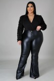 Plus Size Spring High Waist Solid Black Flare Leather Trousers