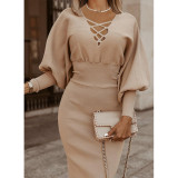 Solid Plain Lace Up V-Neck Puff Sleeve Knit Pencil Dress