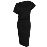 Solid Plain Open Shoulder Loose-and-Fit Pencil Dress