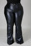 Plus Size Spring High Waist Solid Black Flare Leather Trousers