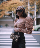 Party Sexy Leopard Print Lace Up Puff Sleeve Crop Top