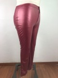 Plus Size Spring High Waist Solid Red Flare Leather Trousers