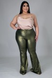 Plus Size Spring High Waist Solid Green Flare Leather Trousers