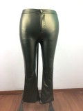 Plus Size Spring High Waist Solid Green Flare Leather Trousers