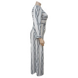 Plus Size Formal White and Black Dot Long Sleeve Loose Jumpsuit