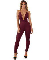 Solid Plain Sexy Deep-V Halfter Bodycon Jumpsuit