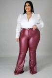 Plus Size Spring High Waist Solid Red Flare Leather Trousers