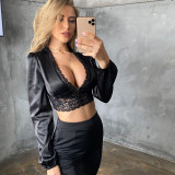 Party Sexy Black Lace Patch Satin Crop Top