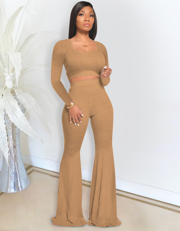 Long Sleeve Solid Color Crop Top and Matching Bell Pants Set