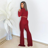 Long Sleeve Solid Color Crop Top and Matching Bell Pants Set