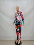 Long Sleeve Print Retro Party Sexy Bodycon Jumpsuit