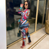 Long Sleeve Print Retro Party Sexy Bodycon Jumpsuit
