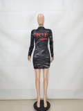 Sexy Print Black Long Sleeve Mini Club Dress