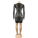 Sexy Black and Silver Beaded Long Sleeve Party Dress