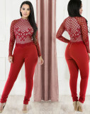Formal Red Mesh Patch Long Sleeve Fit Jumpsuit